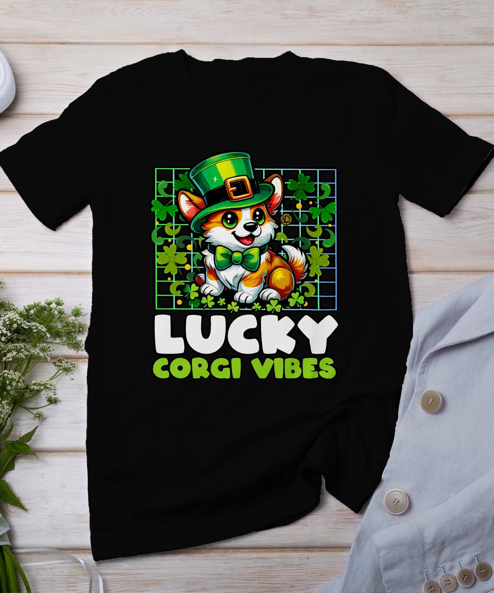 Lustiger St. Patricks Day Hunde T-Shirt, Glücklicher Corgi mit Hut, Lustiges Tier Outfit, Glücksbringer Katze Hund Tee