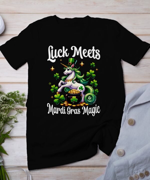 Einhorn T-Shirt Kleeblatt Shirt Glückliches Mardi Gras Design Magisches Motiv Kinder Party Outfit St Paddys Day Karneval Gold Kostüm