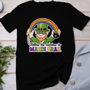 St. Patricks Day Mardi Gras T-Shirt, Follow the Rainbow to Mardi Gras Shirt, Fun Holiday Shirt, Festive Green and Purple Tee
