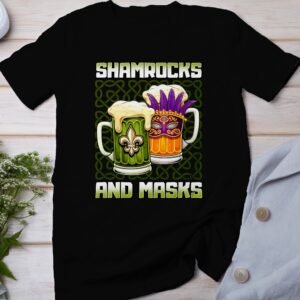 Lustiges St. Patricks Day Shirt, Mardi Gras T-Shirt, Shamrocks and Masks, Bierkrüge mit Klee und Maske, Geschenkideen