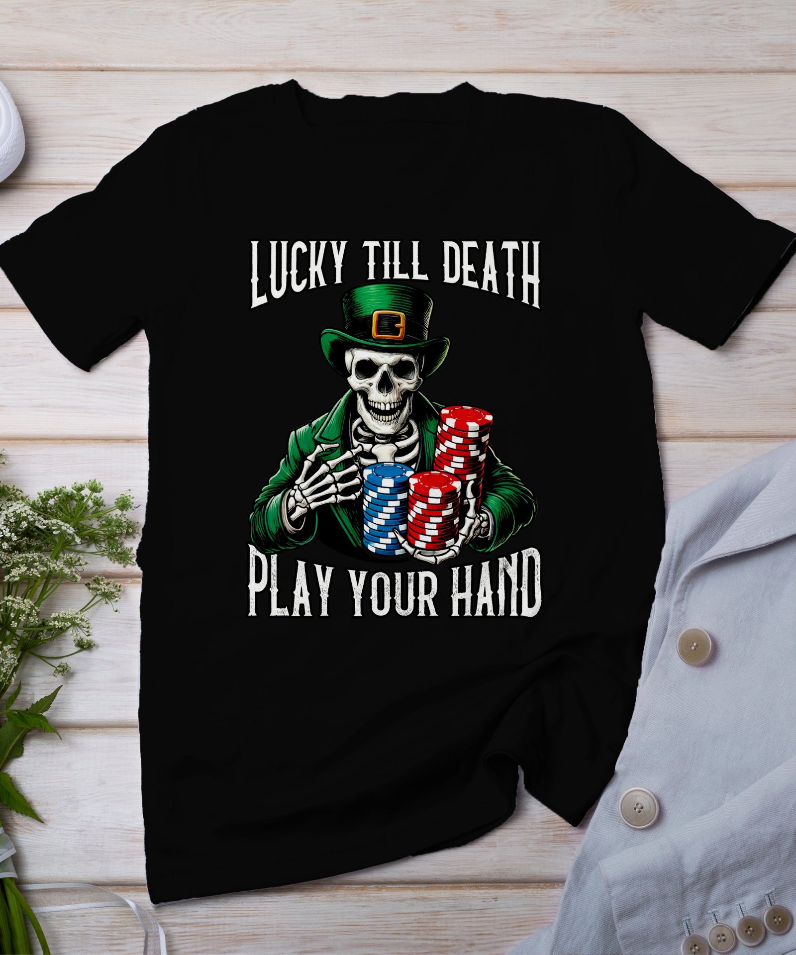 St. Patricks Day Shirt Poker Design, Lustig Shirt Skull mit Karten, Casino Glücksbringer, Poker Chip T-Shirt Herren, Geburtstag Überraschen