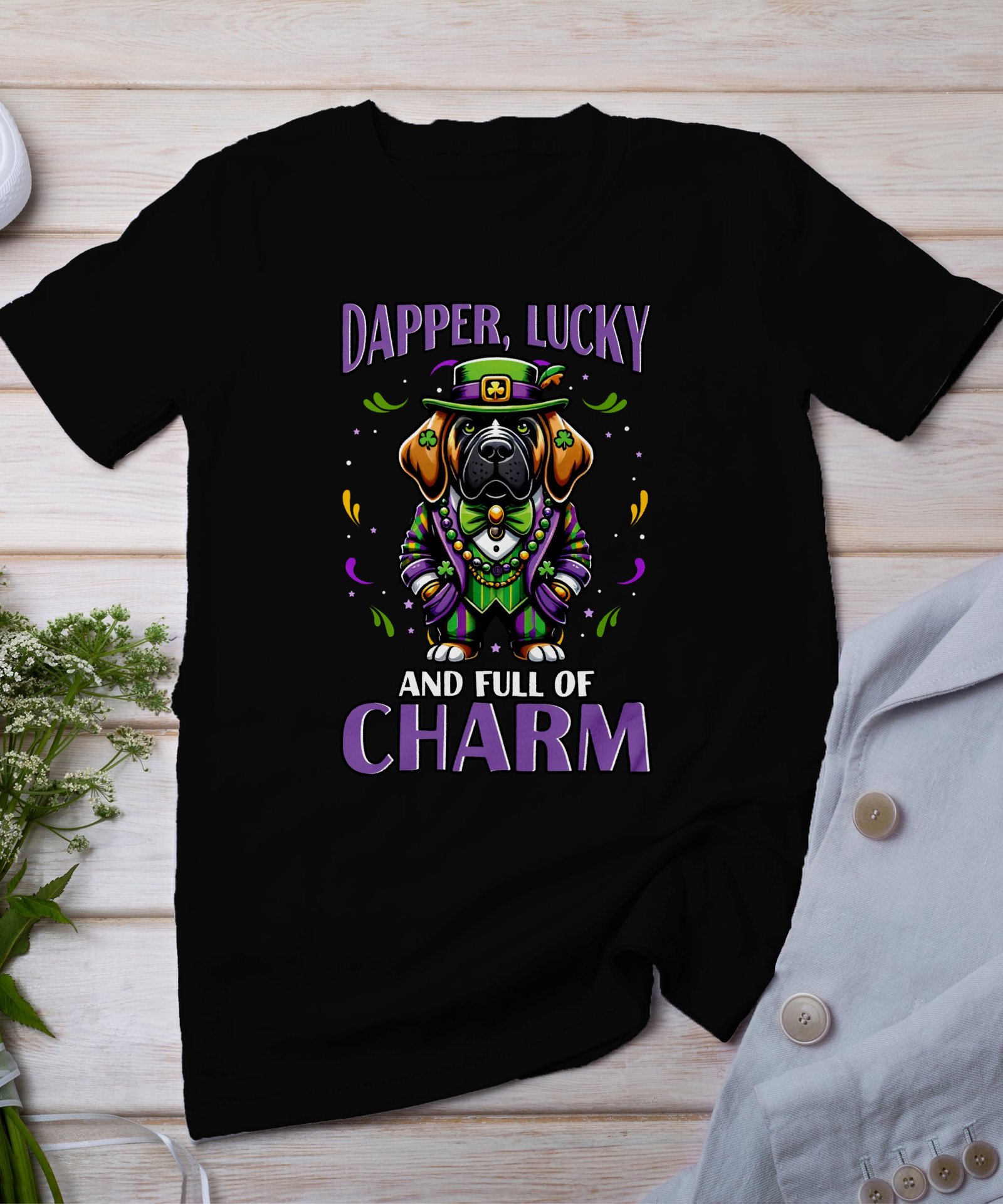 St Patricks Day Mardi Gras T Shirt, Dapper Lucky And Full Of Charm, Funny Dog Shirt, Irish New Orleans Crossover Tee