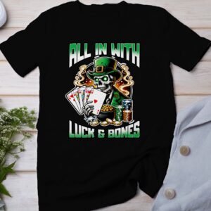 St. Patricks Day Poker T-Shirt, Casino Card Game Shirt, Lustiger Skelett Vintage Druck, All In With Luck And Bones, Geschenkidee