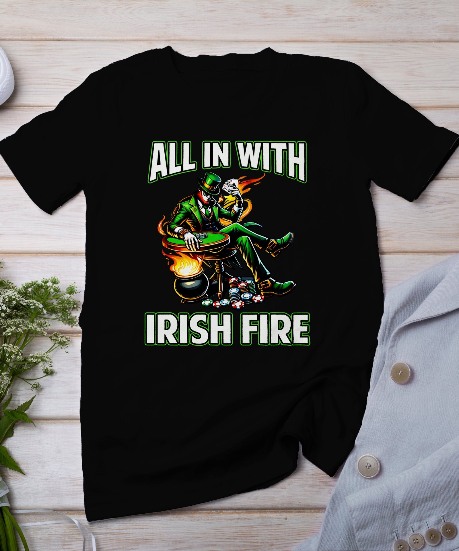 St. Patricks Day Poker T-Shirt, Irisches Feuer All In, Casino Spielkarten Tee, Poker Nacht Oberteil, Glücksspiel St. Patrick TShirt