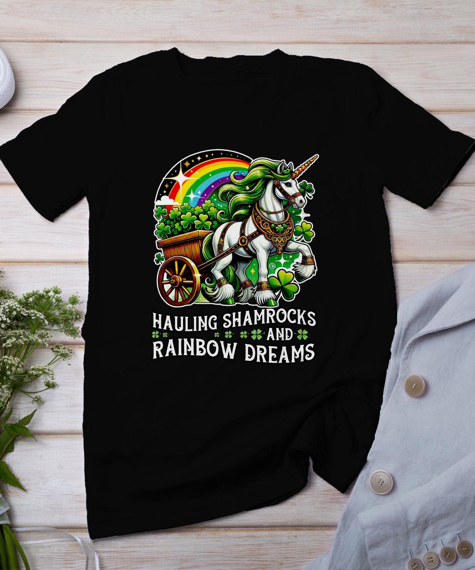 Magisches Einhorn T-Shirt, Irisches Einhorn Print, Hauling Shamrocks, Regenbogenträume Design, St. Patricks Day Shirt, Geschenkidee