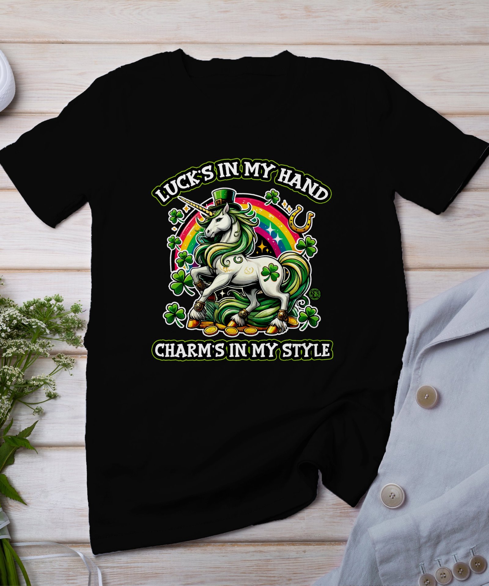 Glück liegt in meiner Hand, Charme liegt in meinem Stil T-Shirt, Einhorn Regenbogen Klee Hufeisen, Glücksbringer Tee