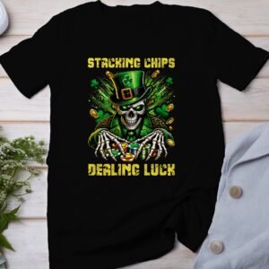 St. Patricks Day Poker T-Shirt, Gaming Shirt, Casino Luck Tee, Playing Cards Top, Poker Chips Shirt, Skeleton Leprechaun Art