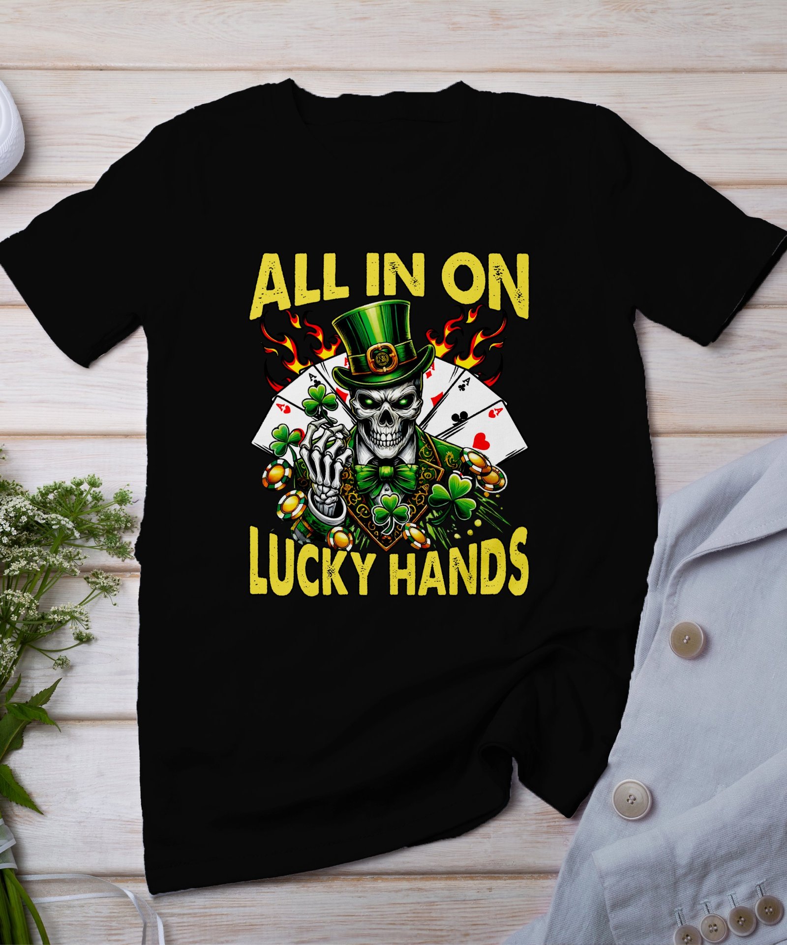 St. Patricks Day T-Shirt, Poker Casino Shirt, Lustiges Poker Hemd, Spielkarten und Kleeblatt Design, All In On Lucky Hands Shirt