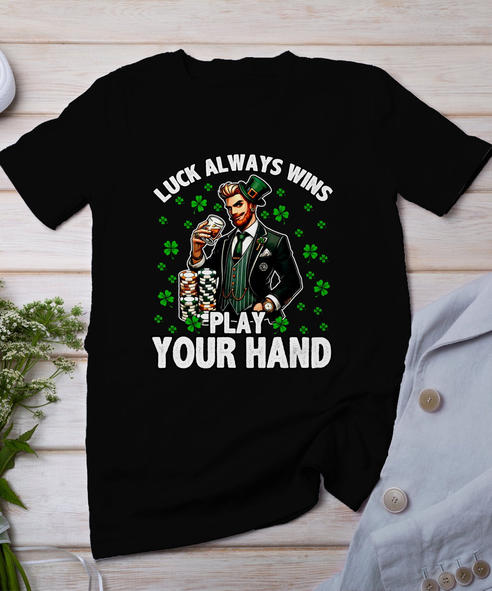 St. Patricks Day Poker T Shirt, Casino Spieler Mens Tee, Lustige Glücksbringer Grafik, Spielkarten Design TShirt, Lustige Geschenkidee