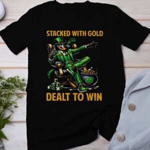 St. Patrick's Day Poker Shirt, Casino Stacked With Gold, Dealt To Win Tee, Lucky Leprechaun Playing Cards T-Shirt Herren