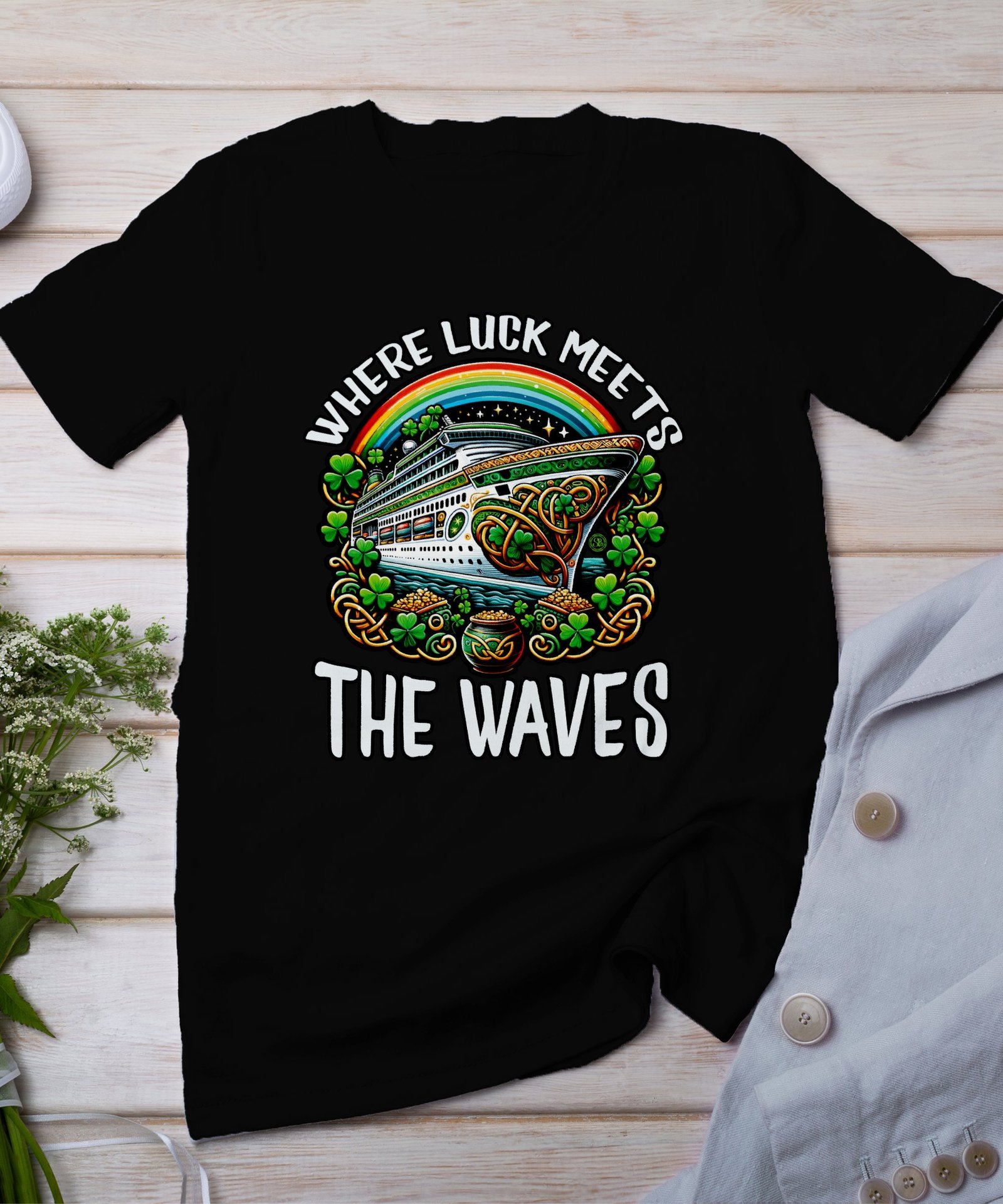 St. Patricks Day Kreuzfahrt T Shirt, Glück trifft auf Wellen, Urlaub auf dem Schiff, Kreuzfahrtshirt, Klee und Regenbogen Design