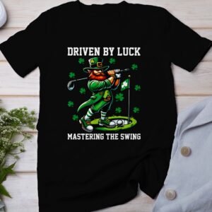 St. Patricks Day Golf Shirt, Golfing Leprechaun Tee, Driven by Luck Shirt, Masters Swing Tee, Irish Golf Humor Tshirt