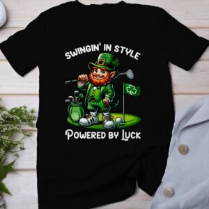 St. Patricks Day Golf T Shirt, Golfing Leprechaun Tee, Swingin in Style Shirt, Powered by Luck, Funny Golf Shirt, Irish Golf Gift
