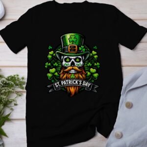 St. Patrick's Day T-Shirt, Lustiger Schädel mit Bart, Kleeblatt Hut Design, Irischer Stolz, Glück Irish Feiern Shirt