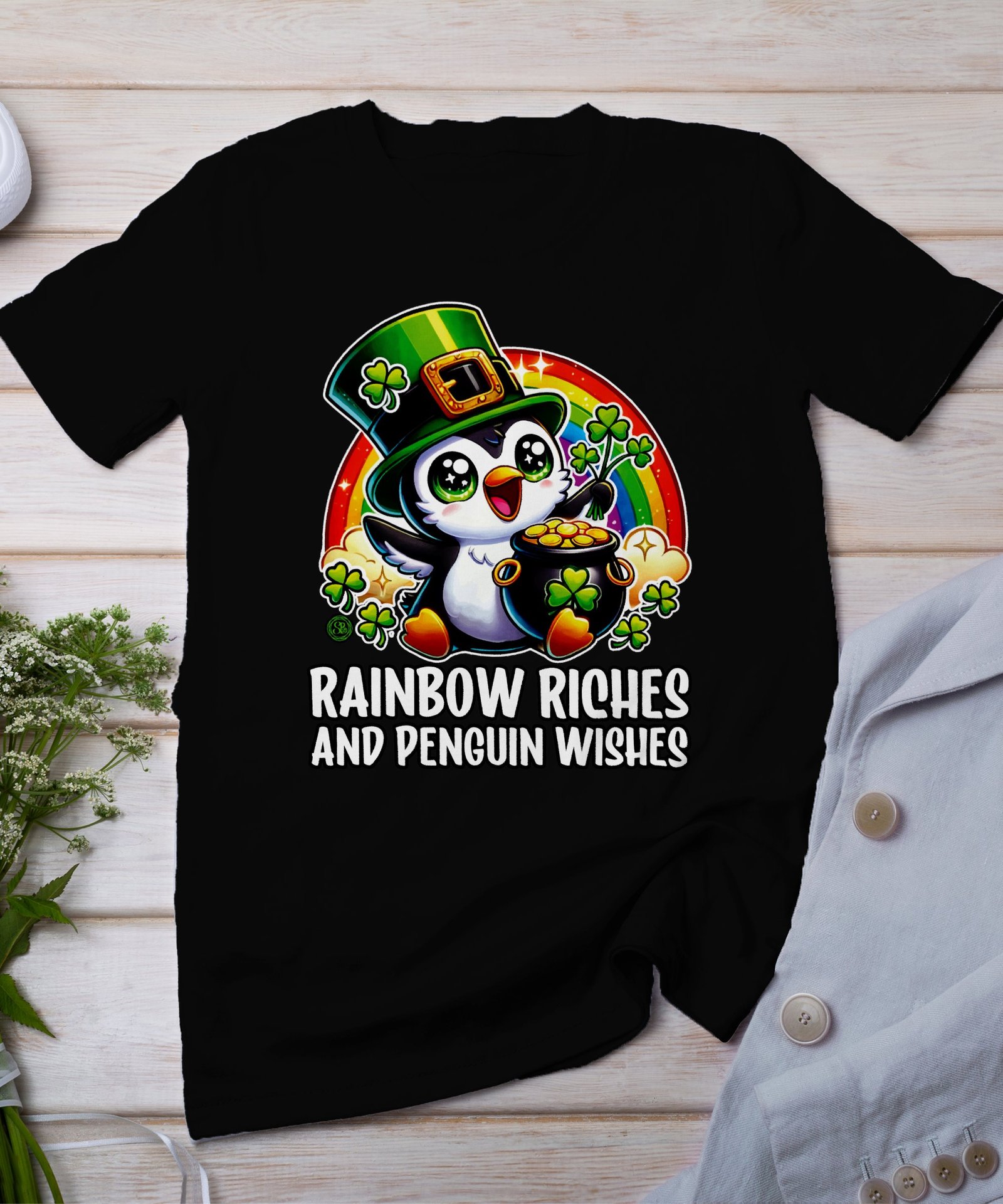 Lustiges Regenbogen Pinguin T-Shirt, Regenbogen Reichtum Pinguin Glück, Glücklicher Pinguin mit Goldtopf, Süßes Pinguin Geschenkt-Shirt