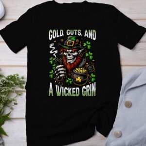 Cool Leprechaun Smoking T-Shirt, St Patrick's Day Graphic Tee, Gold Coins Design, Irish Festival Shirt, Wicked Grin Clothing, Shamrock Art