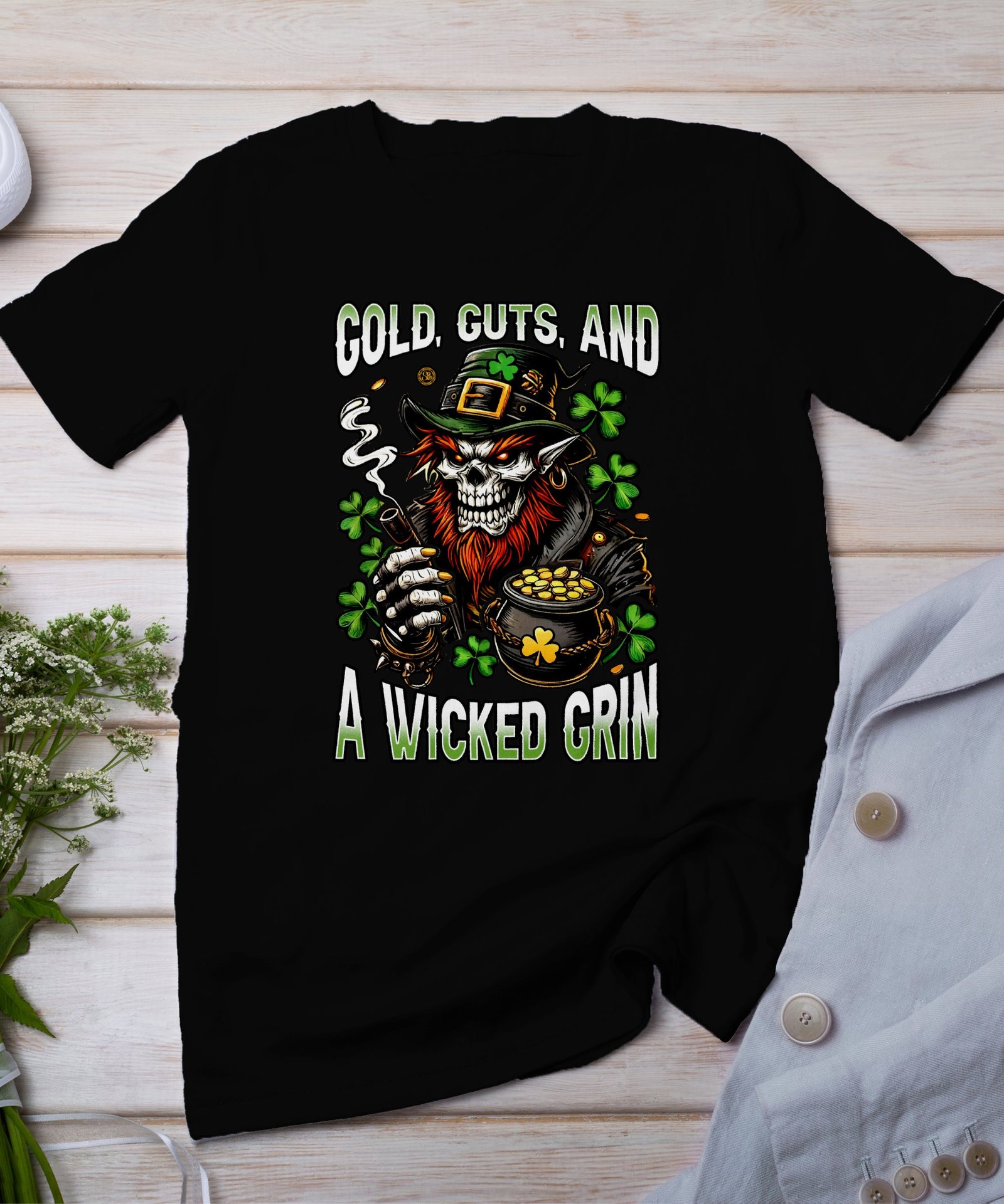 Cool Leprechaun Smoking T-Shirt, St Patrick’s Day Graphic Tee, Gold Coins Design, Irish Festival Shirt, Wicked Grin Clothing, Shamrock Art