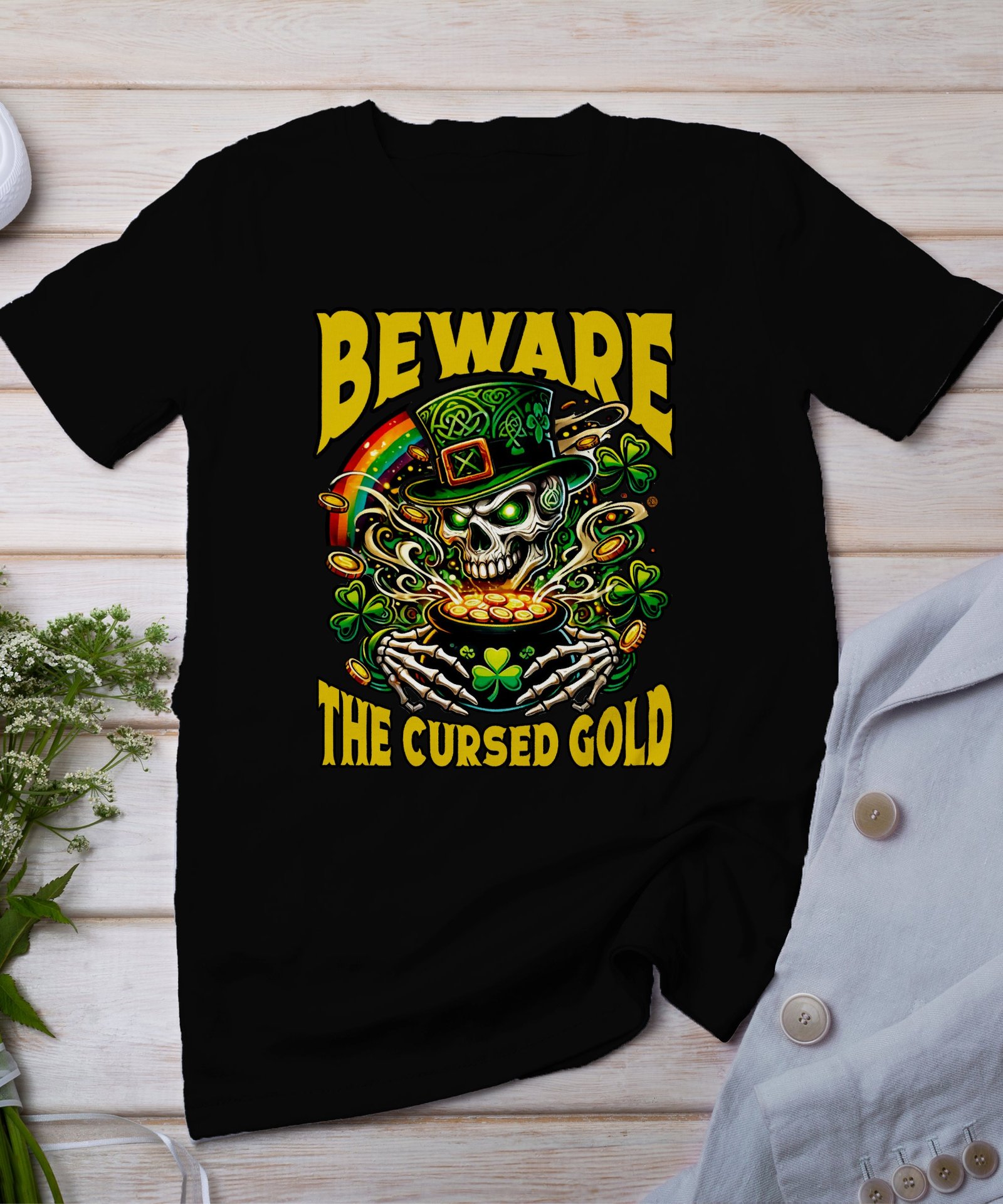 Achtung Verfluchtes Gold St. Patrick’s Day Design Lustiges Totenkopf-Shirt Geschenkidee für Feier Kleeblatt Grafiken