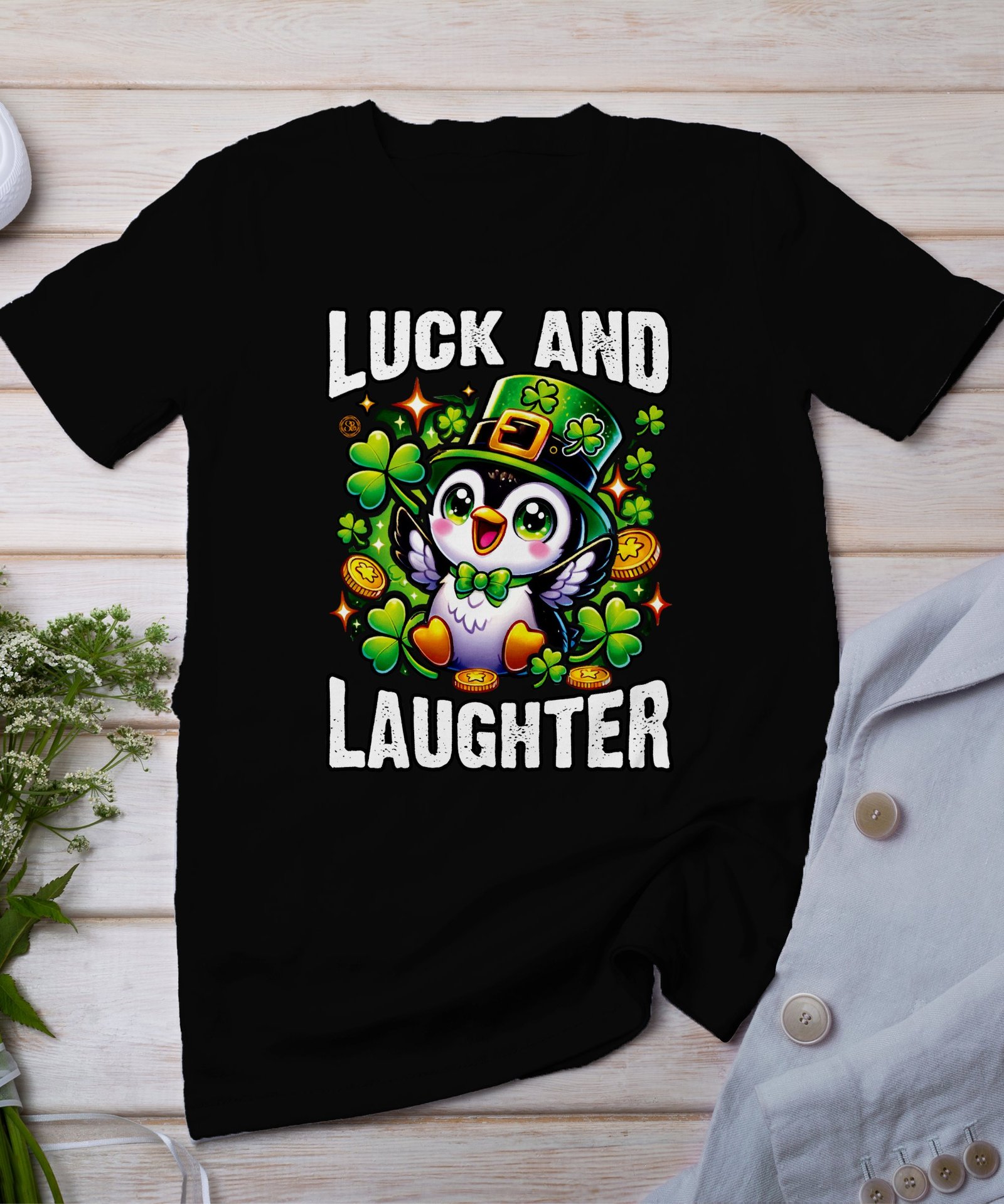 Glück und Lachen Pinguin T-Shirt, Lustiges St. Patrick’s Day T-Shirt, Kleeblatt und Münzen Design, Geschenkidee für Freunde