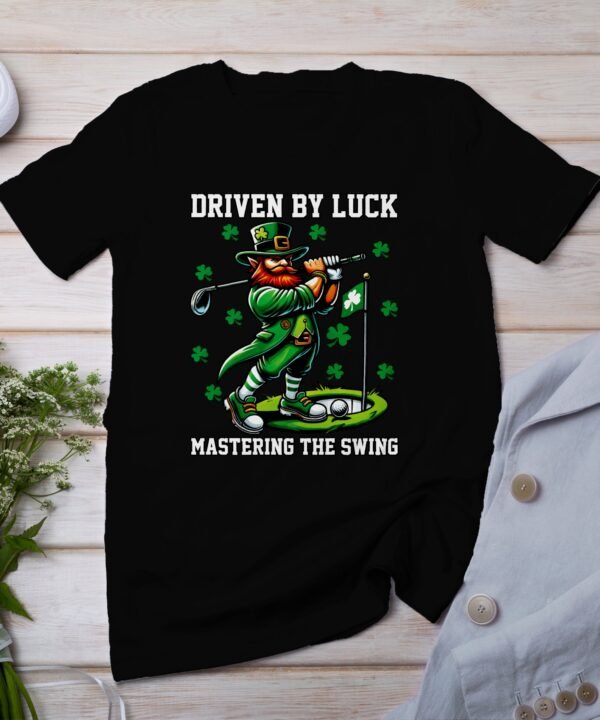 St. Patricks Day Golf Shirt, Golfing Leprechaun Tee, Driven by Luck Shirt, Masters Swing Tee, Irish Golf Humor Tshirt