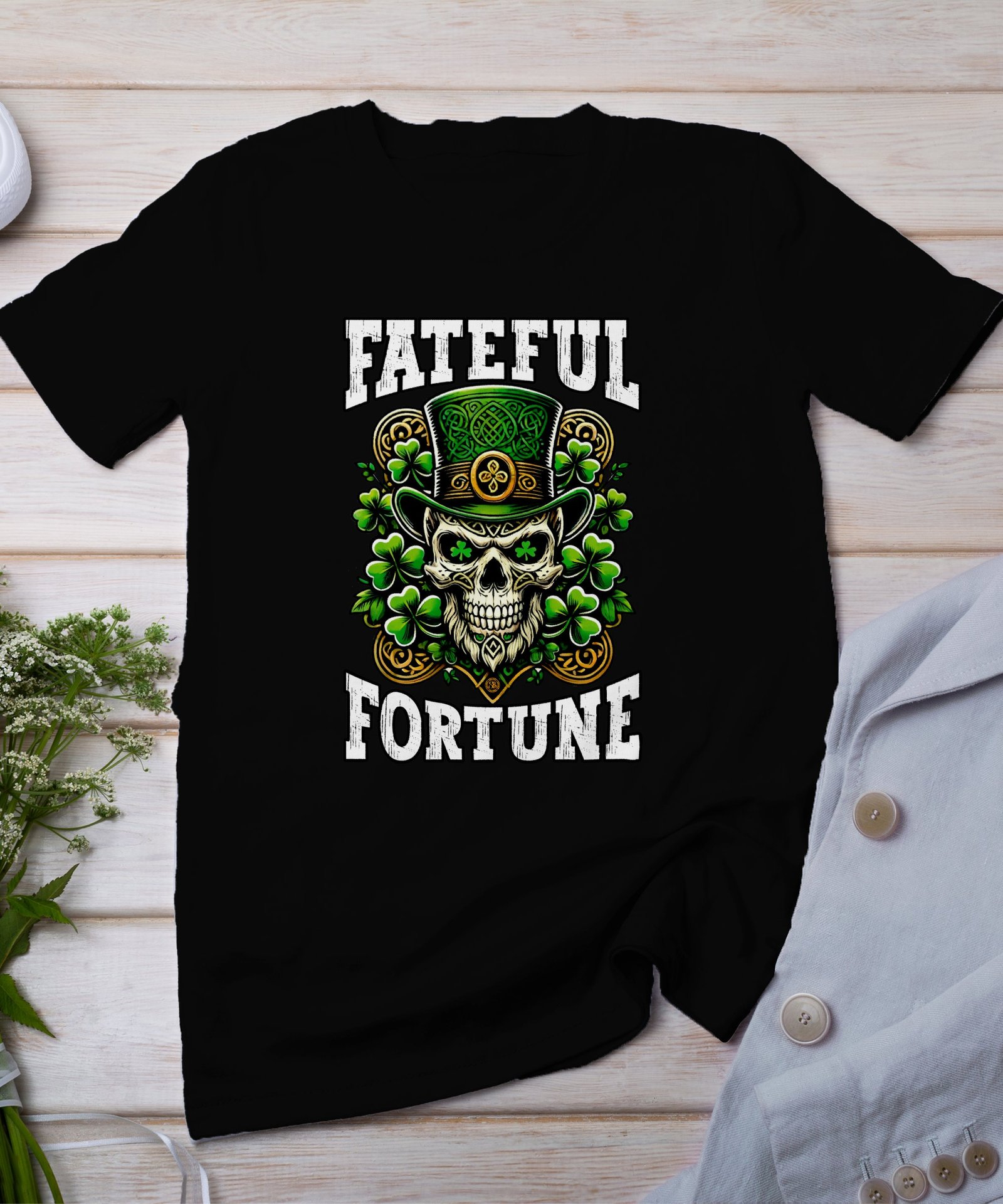 Irisches Schicksal Totenkopf T-Shirt, Gruseliger Schädel und Kleeblätter, St. Patrick’s Day Glücksshirt, Harte Männermode, Trendiges Design