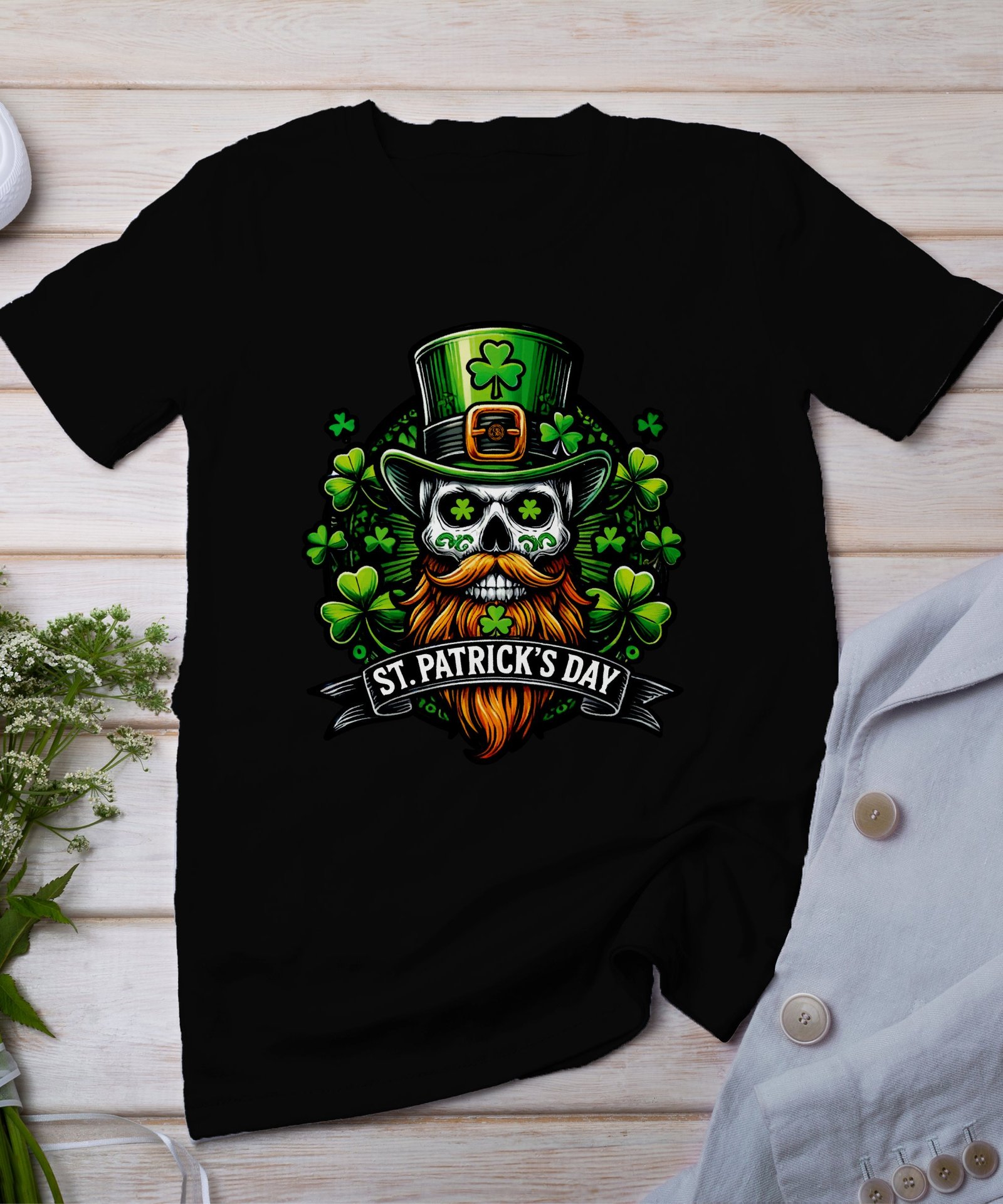 St. Patrick’s Day T-Shirt, Lustiger Schädel mit Bart, Kleeblatt Hut Design, Irischer Stolz, Glück Irish Feiern Shirt