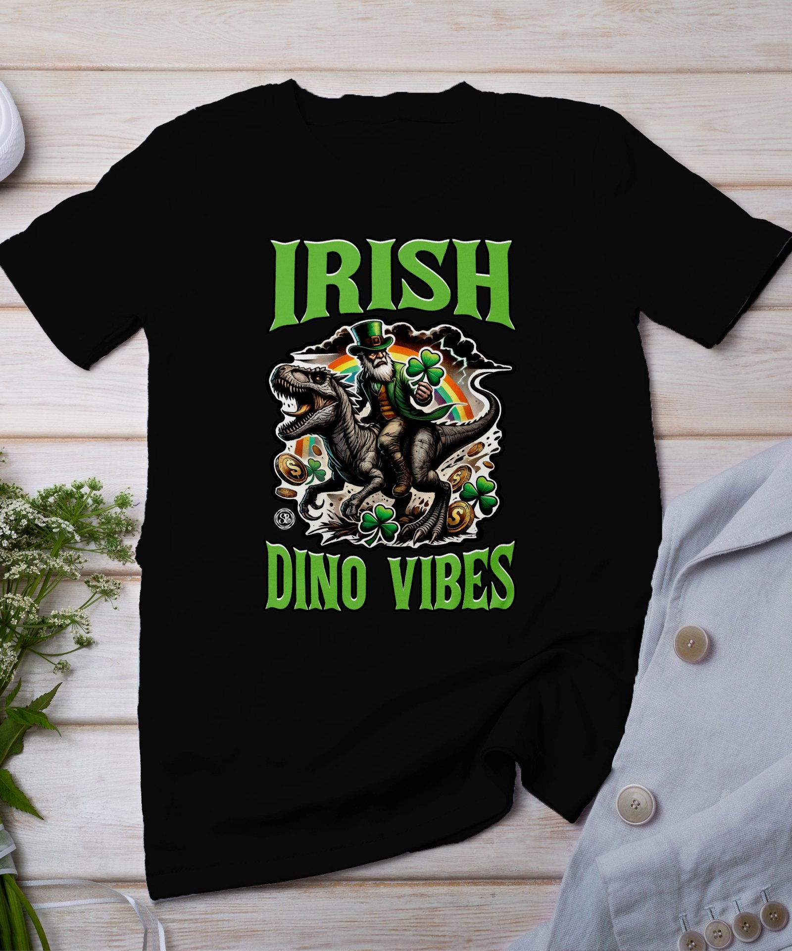 Irish Dino Vibes T-Shirt Irischer Dino Reiter Lustiges Kleeblatt Design Männer Frauen St. Patrick’s Day Geschenk, Unisex Tee