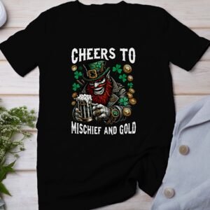 Lustiger Kobold T-Shirt, Cheers to Mischief and Gold, St. Patricks Day Geschenk, Irland Themen Shirt, Glückliches Kleeblatt Design