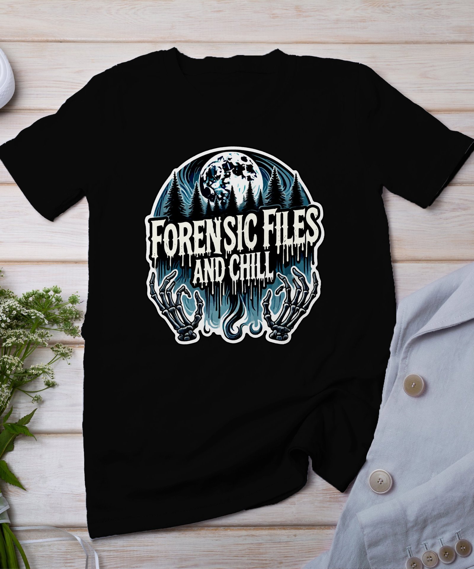Kriminalfälle True Crime T-Shirt, Forensik Horror Geschichten für Krimi Fans Tee, Rätsel Skeletthände Verbrecher Top, Ermittlungen Shirt