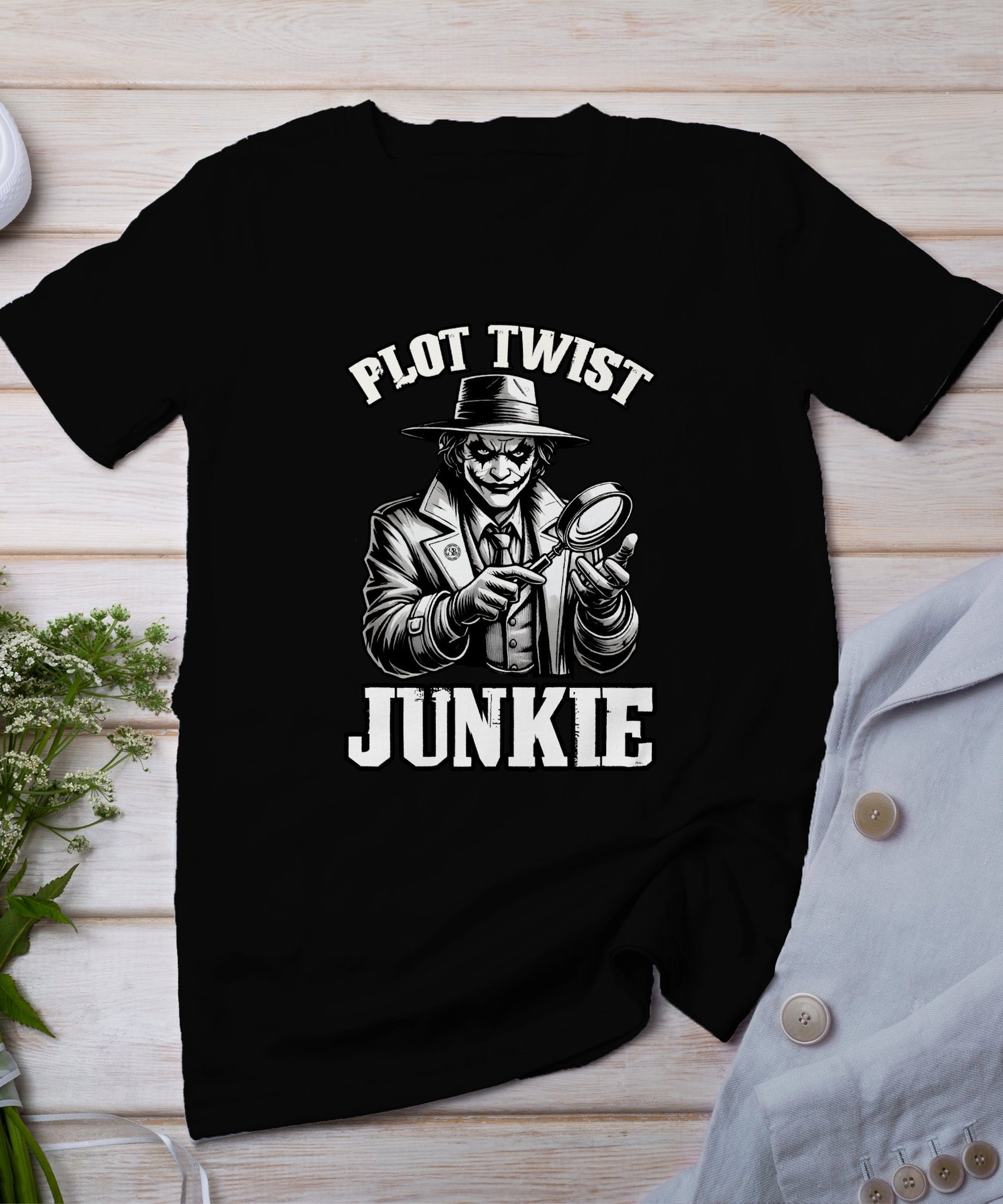 Buch Junkie True Crime T-Shirt, Mystische Horror Geschichten für Krimi Fans Tee, Rätsel Verdächtiger Detektiv Top, Joker Ermittlungen Shirt