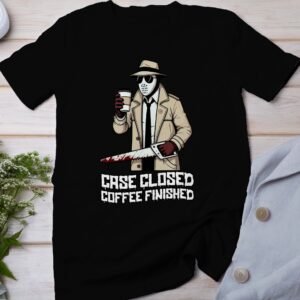 Verbrechen Aufgeklärt Kaffee T-Shirt, Maskierte Horror Geschichten für Kriminalfans Tee, Rätsel Verbrechen Top, Motiv Ermittlungen Shirt