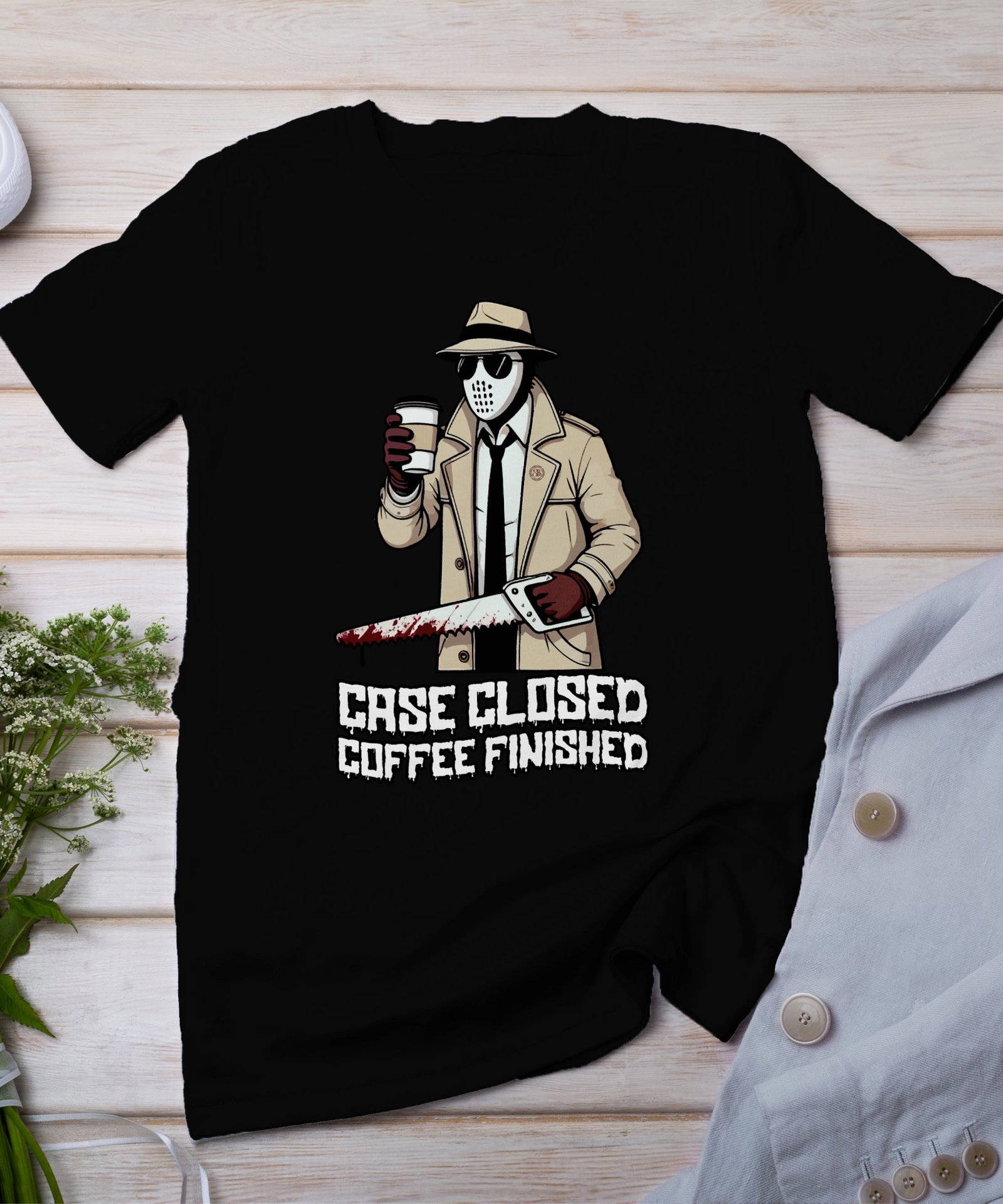 Verbrechen Aufgeklärt Kaffee T-Shirt, Maskierte Horror Geschichten für Kriminalfans Tee, Rätsel Verbrechen Top, Motiv Ermittlungen Shirt