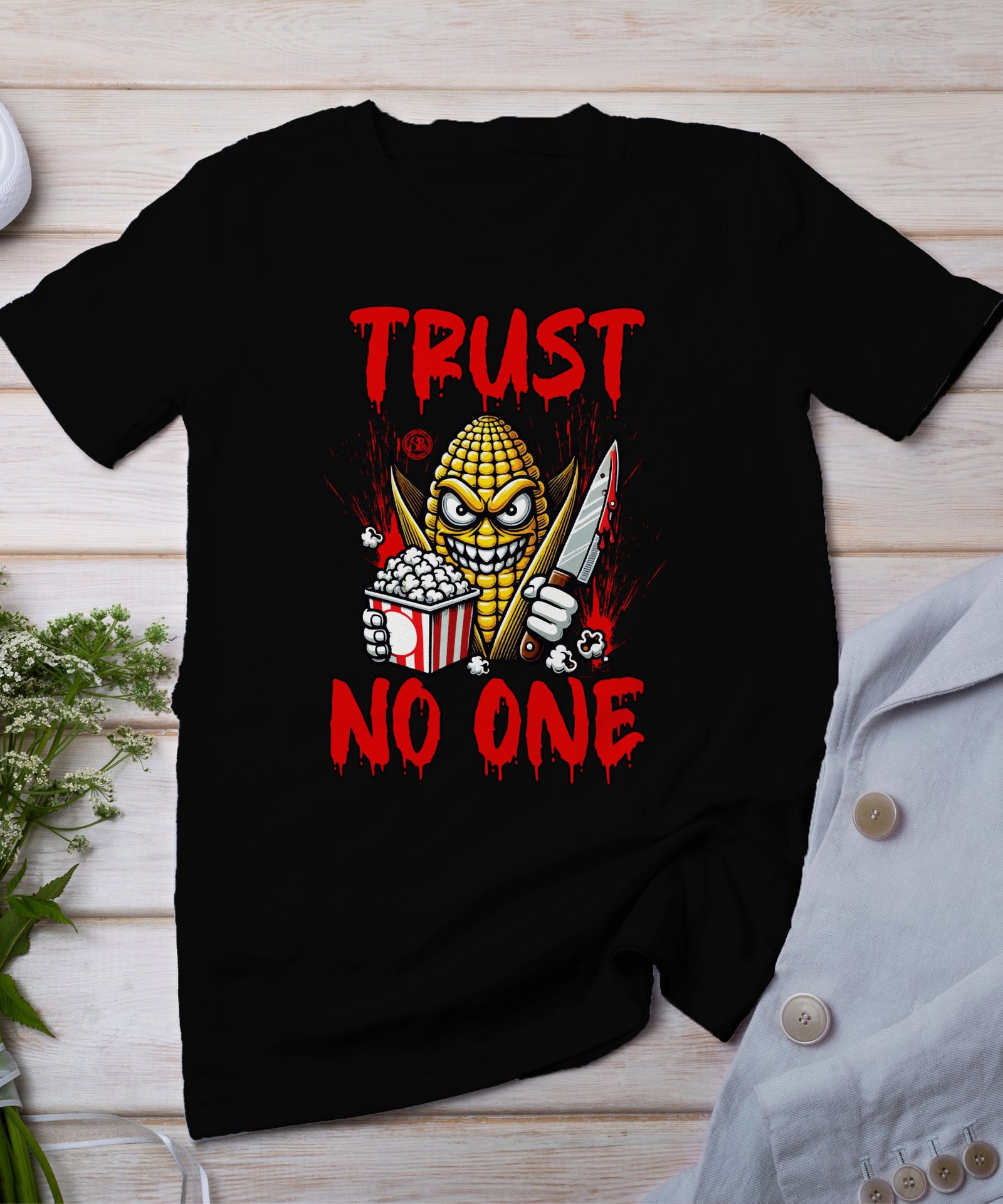 Kriminalfälle True Crime T-Shirt, Mystischer Horror Blut Kinofilm für Krimi Fans Tee, Mais Popcorn Verbrecher Top, Kein Vertrauen Shirt
