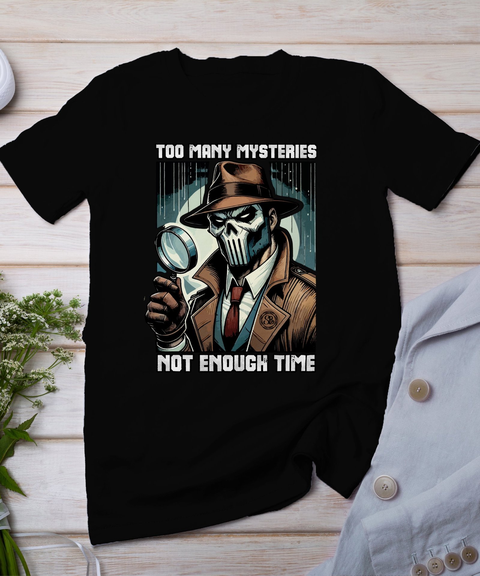 Kriminalfälle True Crime T-Shirt, Maskierte Horror Geschichten für Krimi Fans Tee, Motiv Rätsellösen Detektiv Top, Lupe Ermittlungen Shirt