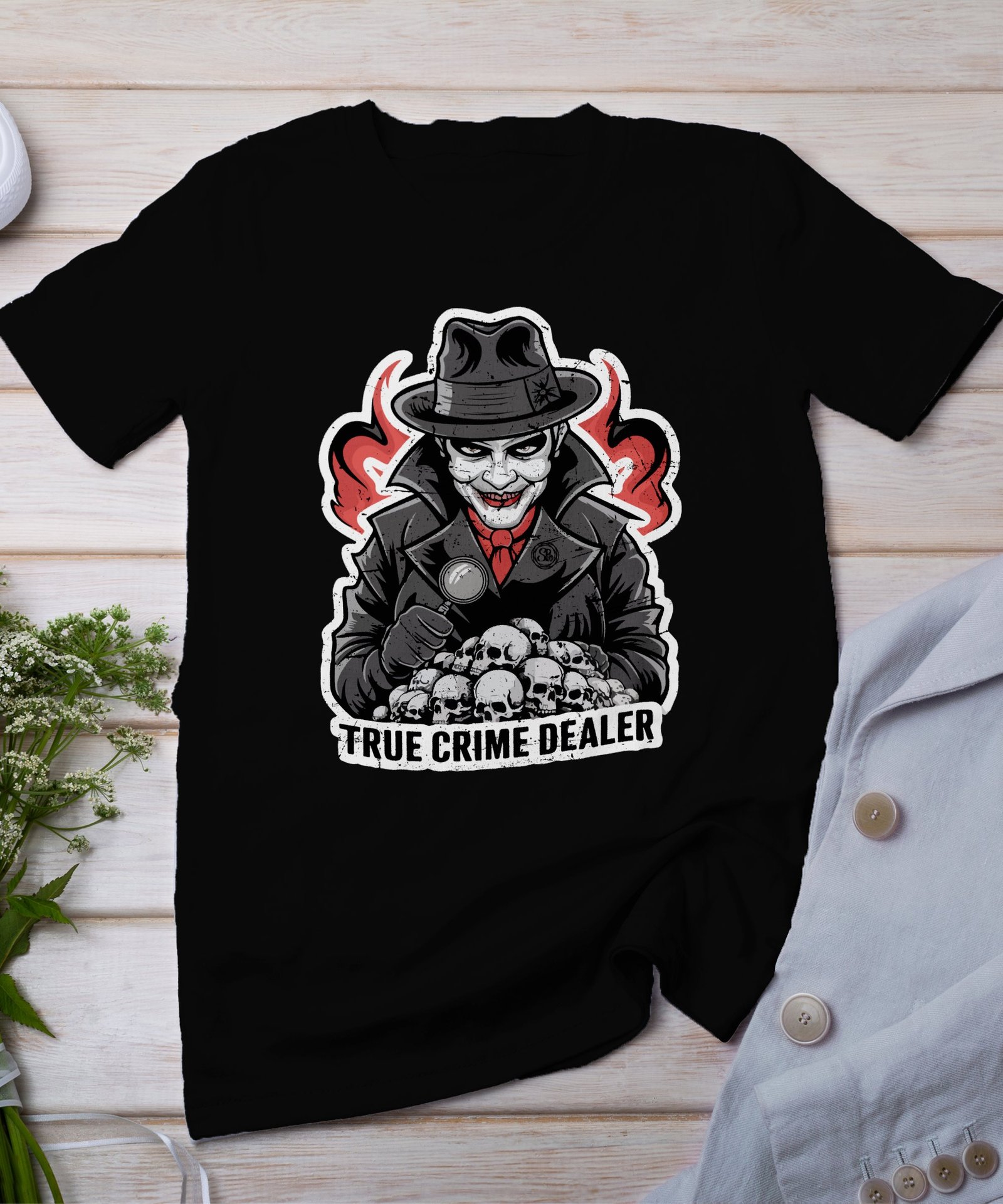 Kriminalfälle True Crime T-Shirt, Mystische Horror Geschichten für Krimifans Tee, Rätsel Maskierter Verbrecher Top, Ermittlungen Joker Shirt