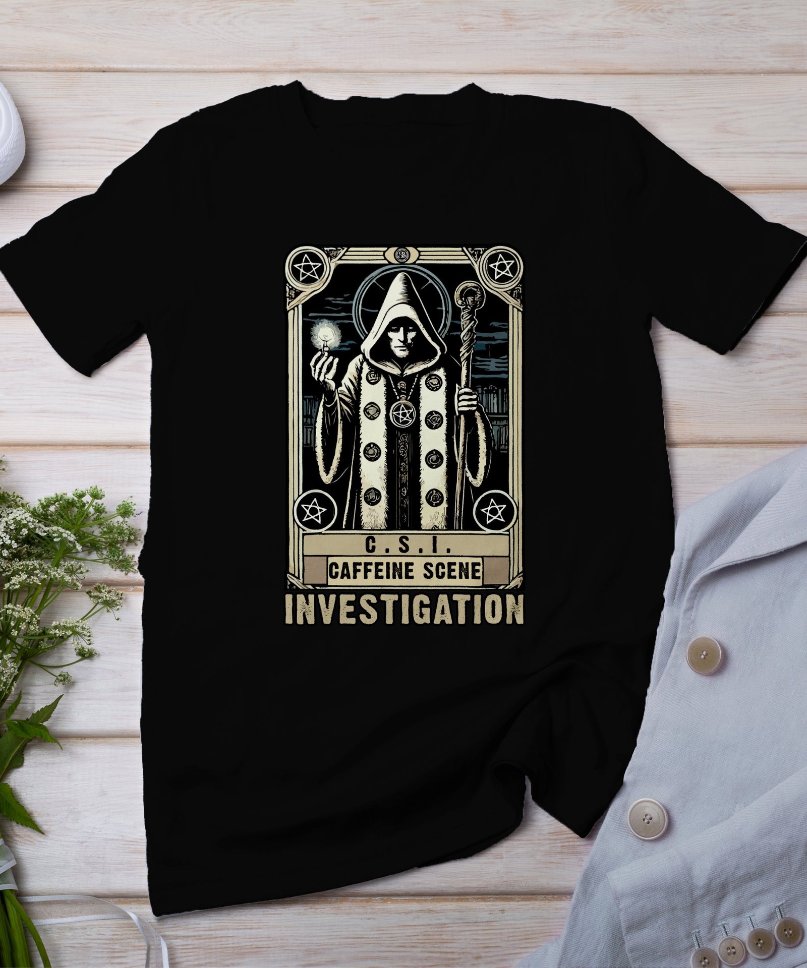 Kriminalfälle Tarot Karten T-Shirt, Mystische Tarotkarten für Krimi Fans Tee, Esoterik Kartenlegen Detektiv Top, Tarotdeck Wahrsager Shirt
