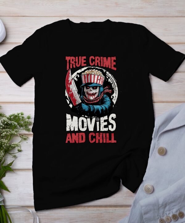 Kriminalfälle True Crime T-Shirt, Popcorn Horrorfilm Geschichten für Krimi Fans Tee, Rätsel Maskierter Verbrecher Top, Ermittlungen Shirt