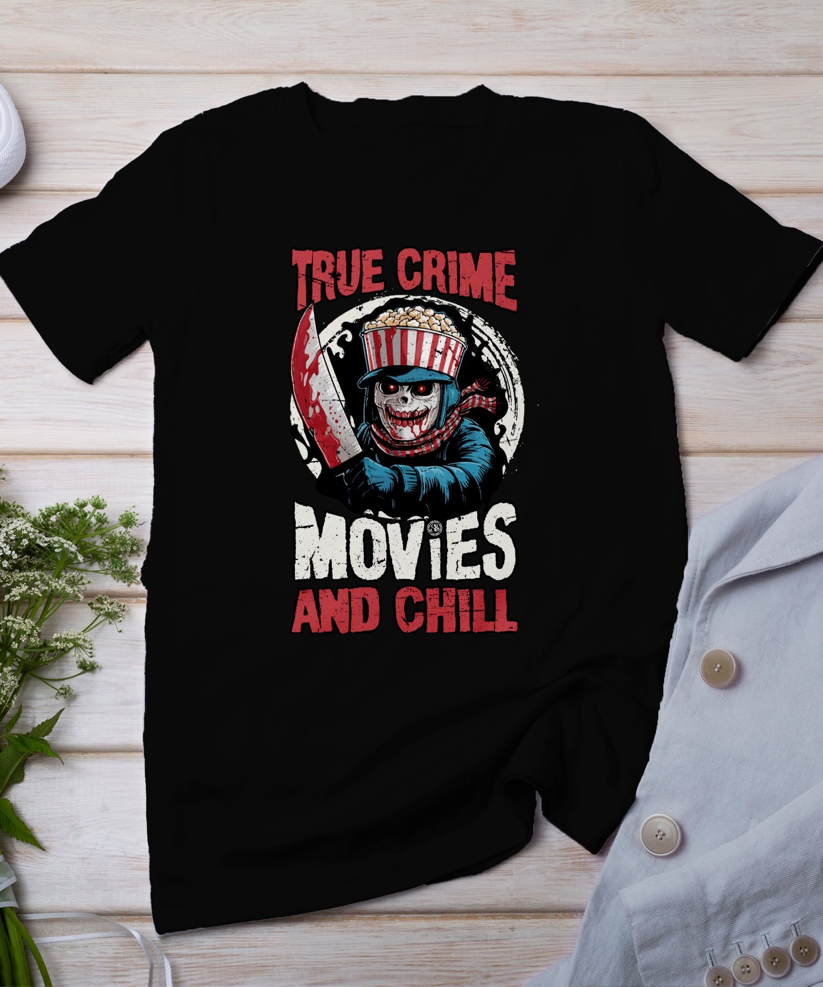 Kriminalfälle True Crime T-Shirt, Popcorn Horrorfilm Geschichten für Krimi Fans Tee, Rätsel Maskierter Verbrecher Top, Ermittlungen Shirt