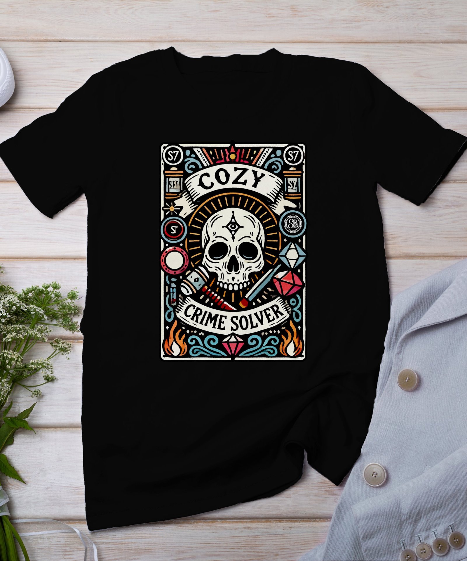 Kriminalfälle Tarot Karten T-Shirt, Mystische Tarotkarten für Krimi Fans Tee, Esoterik Kartenlegen Detektiv Top, Tarotdeck Wahrsager Shirt