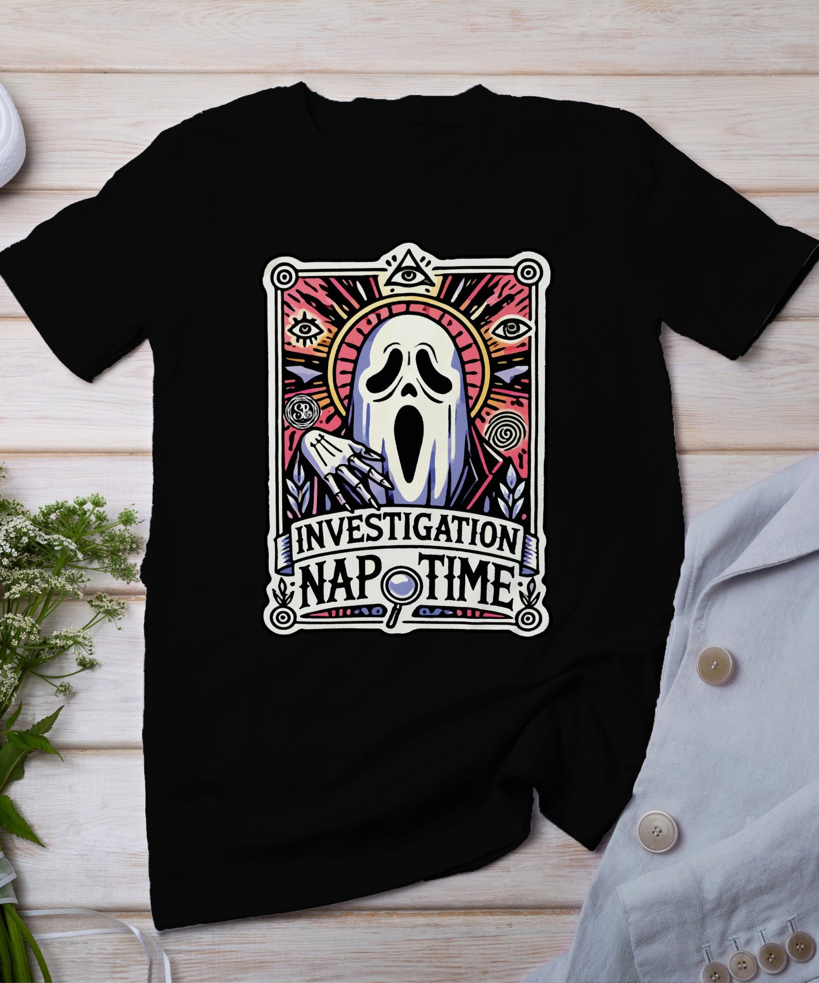 Kriminalfälle Tarot Karten T-Shirt, Mystische Tarotkarten für Krimi Fans Tee, Esoterik Kartenlegen Detektiv Top, Tarotdeck Wahrsager Shirt