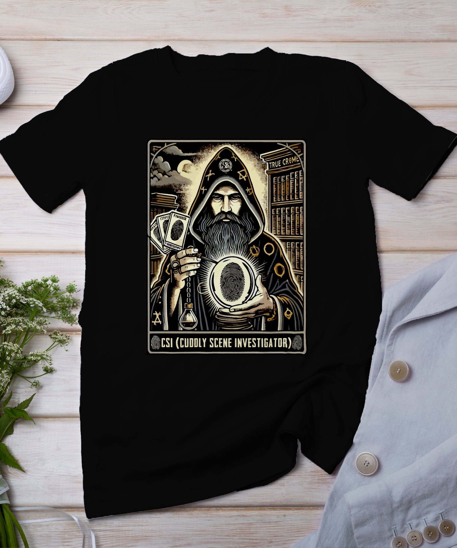 Kriminalfälle Tarot Karten T-Shirt, Mystische Tarotkarten für Krimi Fans Tee, Esoterik Kartenlegen Detektiv Top, Tarotdeck Wahrsager Shirt