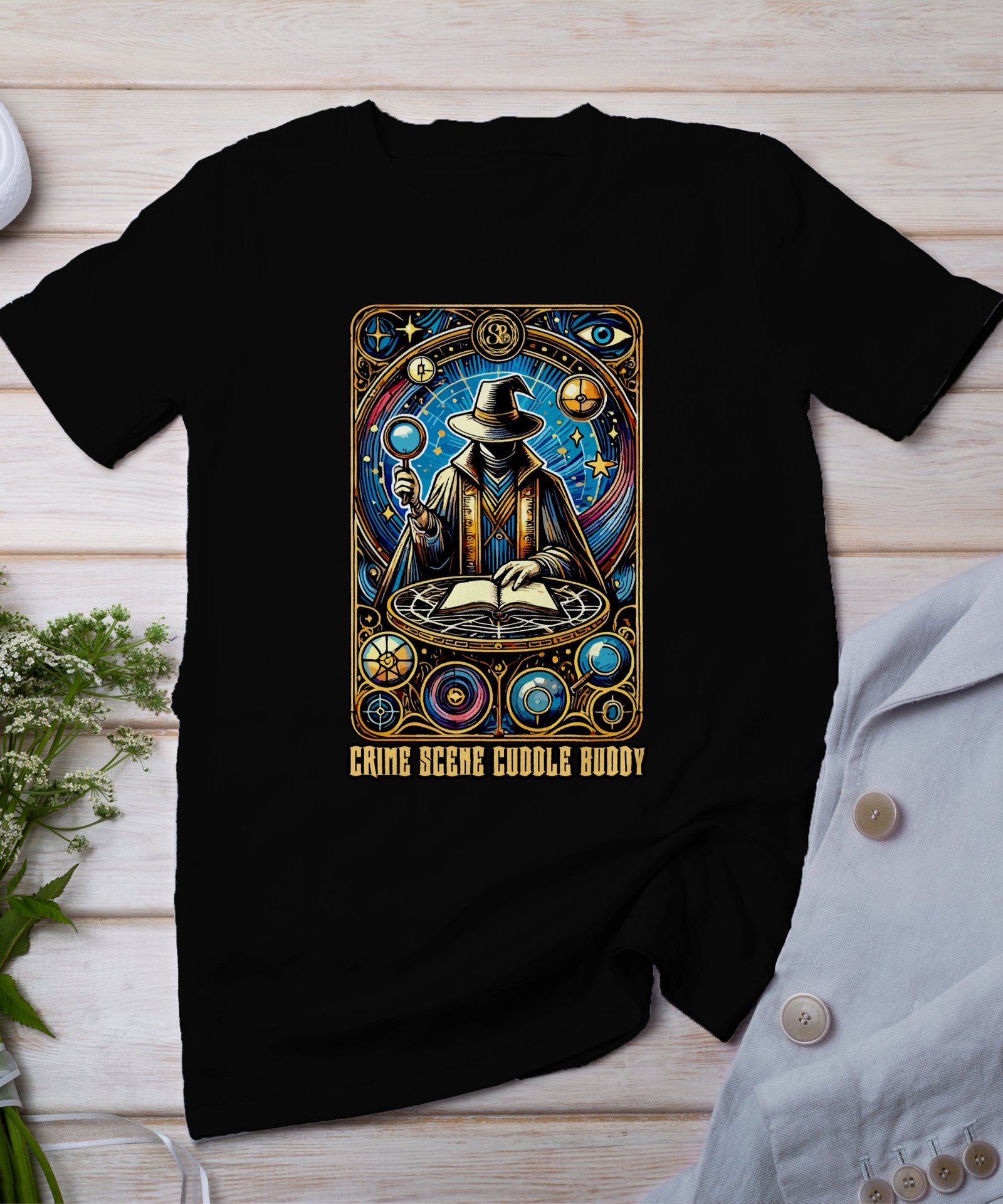 Kriminalfälle Tarot Karten T-Shirt, Mystische Tarotkarten für Krimi Fans Tee, Esoterik Kartenlegen Detektiv Top, Tarotdeck Wahrsager Shirt